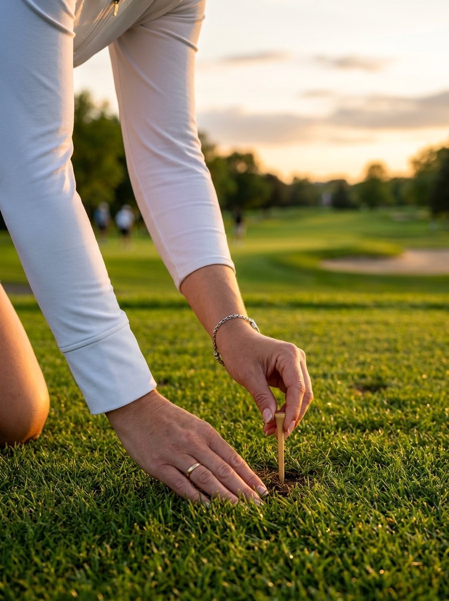 Close up of a woman wearing a white long sleeve shirt kneeling to push a wooden golf tee into the green lawn.