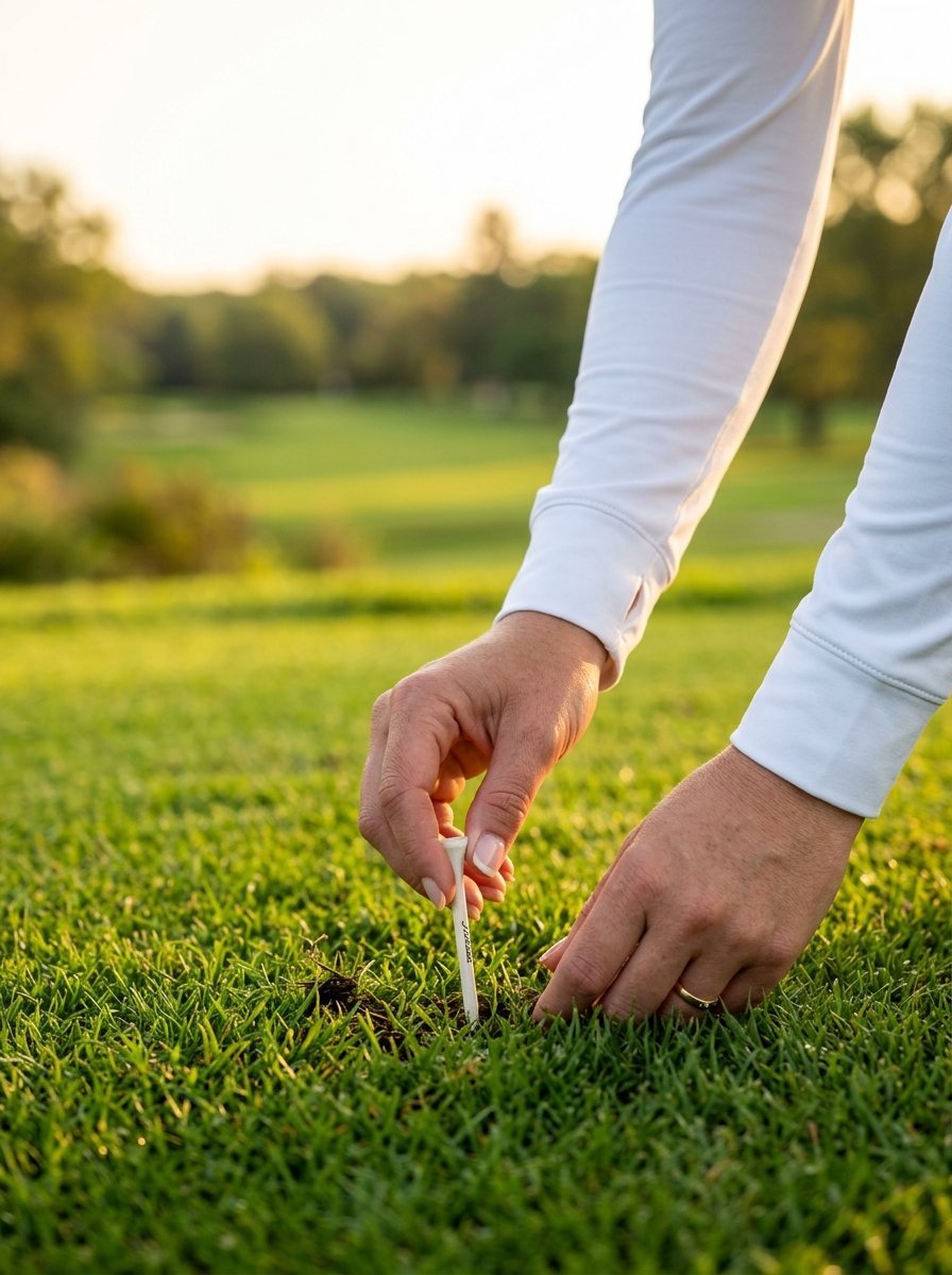 Close-up of hands in white sleeves pushing a small golf tee into the soil on a sunny day at a golf course.