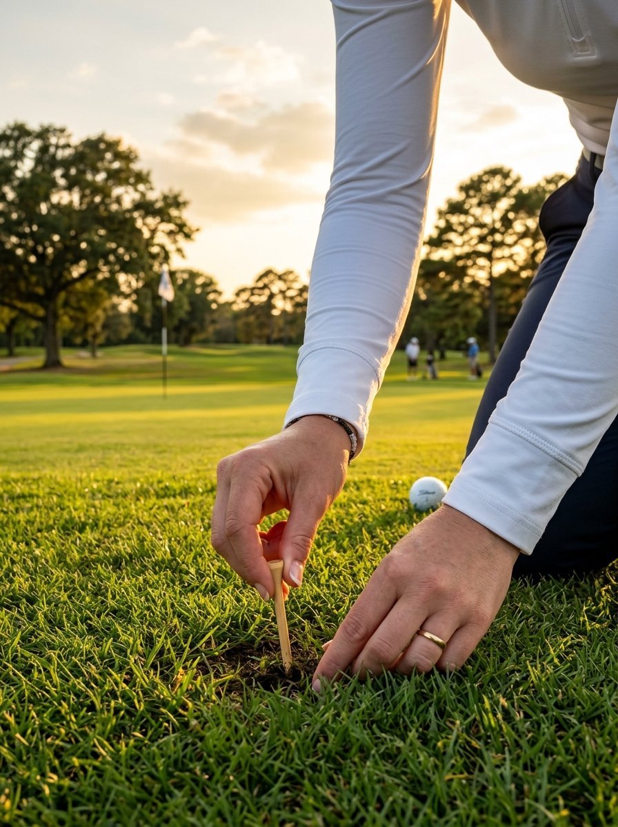 Close up of hands pushing a wooden golf tee into the grass before a drive at sunset.
