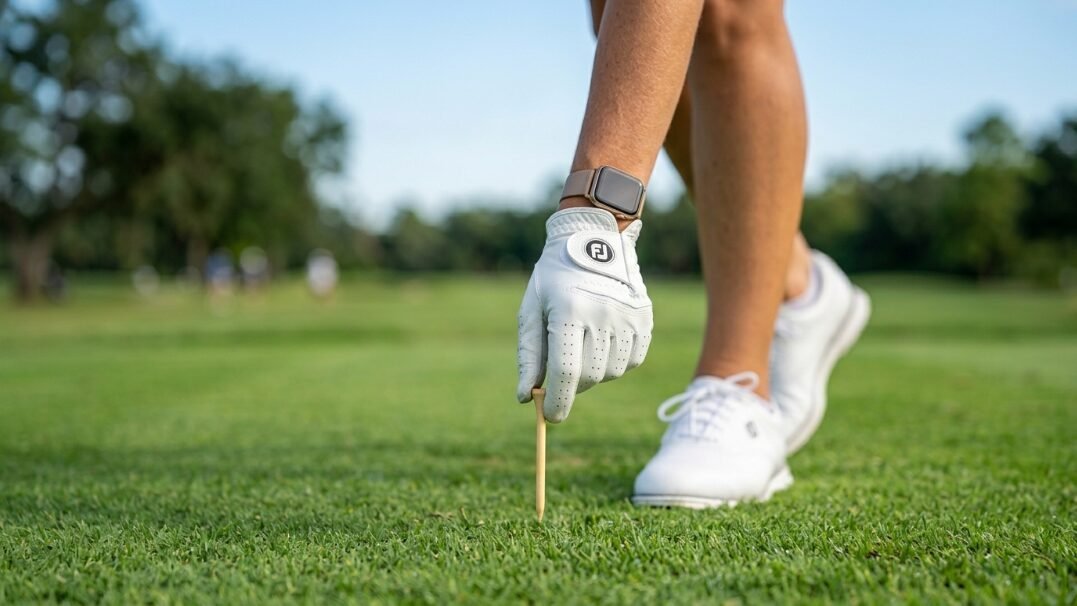 Close up of a hand wearing a golf glove and smartwatch setting up a wooden tee on a golf course.