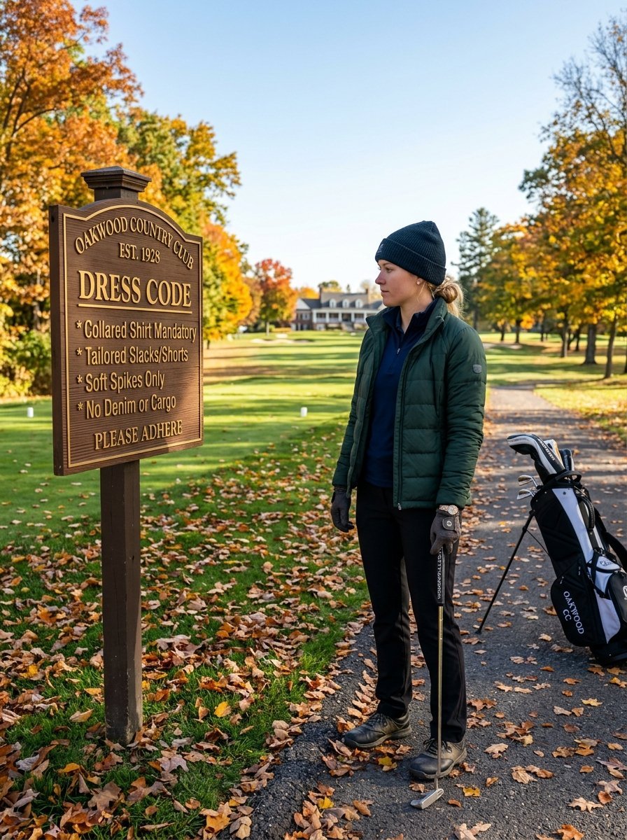 Woman in a dark jacket and beanie stands on a path by a golf course sign during autumn.