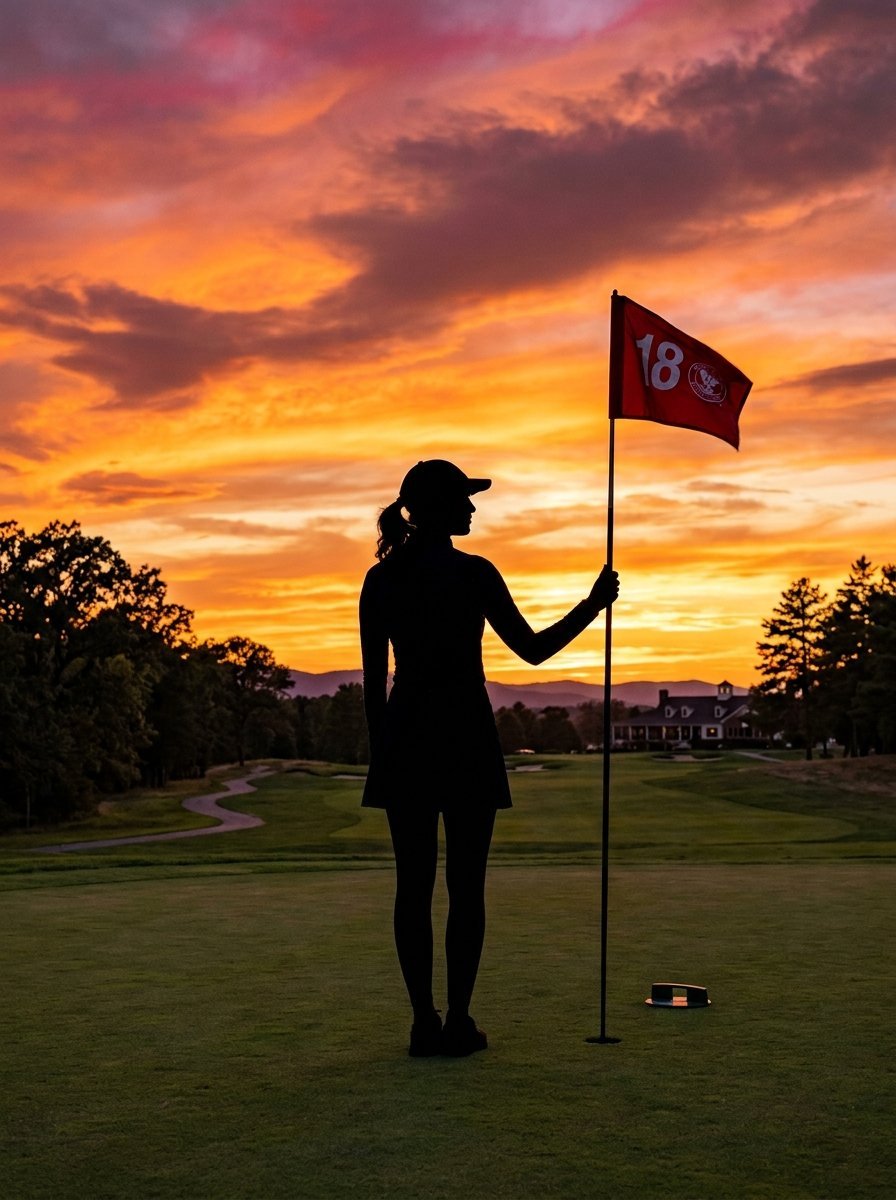 Silhouette of a female golfer standing on a green holding a red flag labeled with the number eighteen at golden hour.