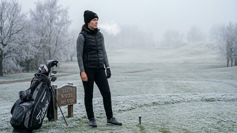 Golfer in winter gear stands next to a tee box sign on a frozen golf course.