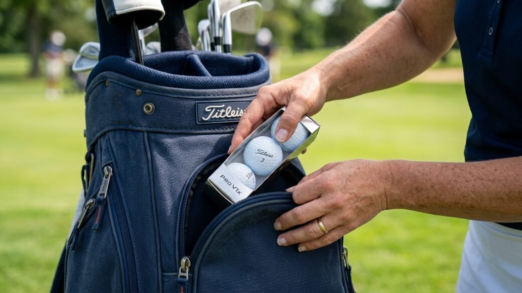 Close-up of hands placing a sleeve of white golf balls into the pocket of a navy blue Titleist golf bag.