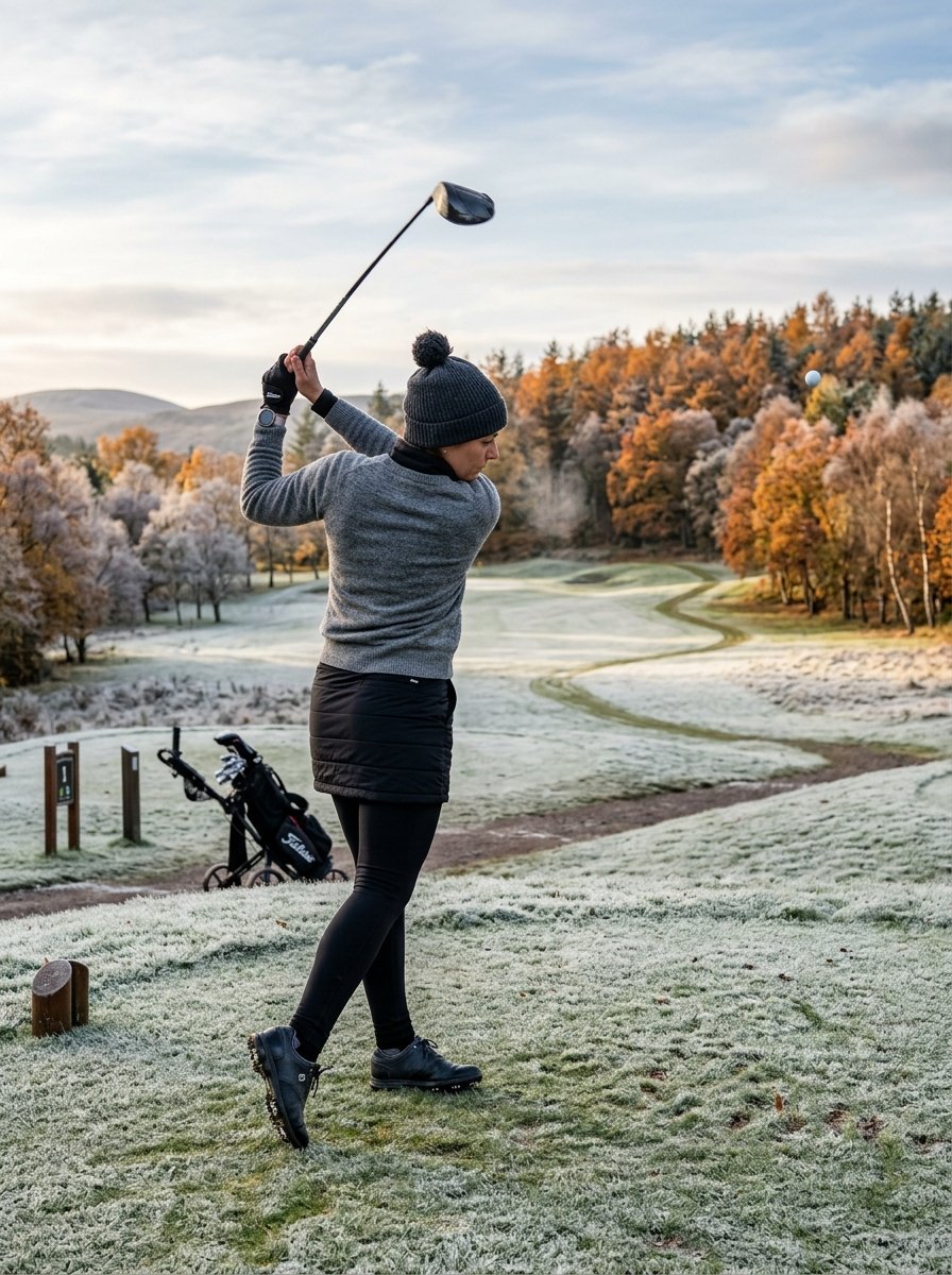 Golfer in a grey sweater and beanie hitting a golf ball on a cold morning with frost-covered grass.
