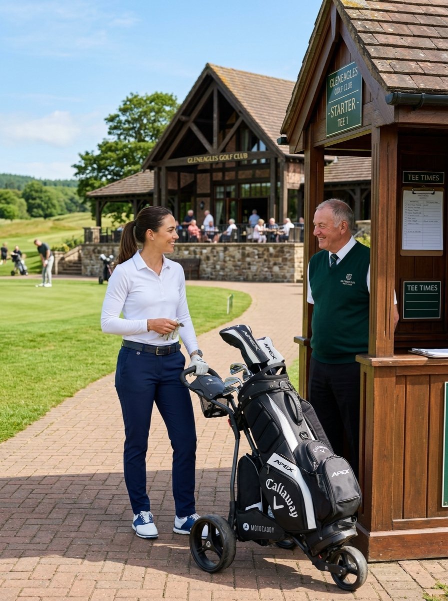 A smiling female golfer talks to a staff member in a wooden starter hut at a golf course.