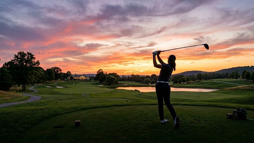 A woman golfer hits a ball against a vibrant orange and purple sunset on a lush green course.