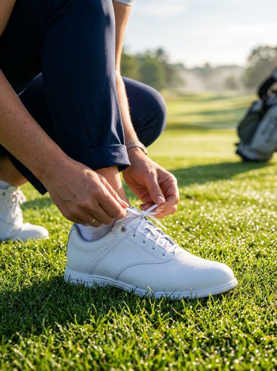 Close-up of a person wearing navy blue pants tying the laces on clean white leather golf shoes on a sunny course.