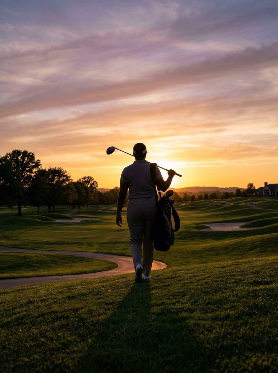Back view of a female golfer carrying her clubs on a golf course during a vibrant orange sunset.