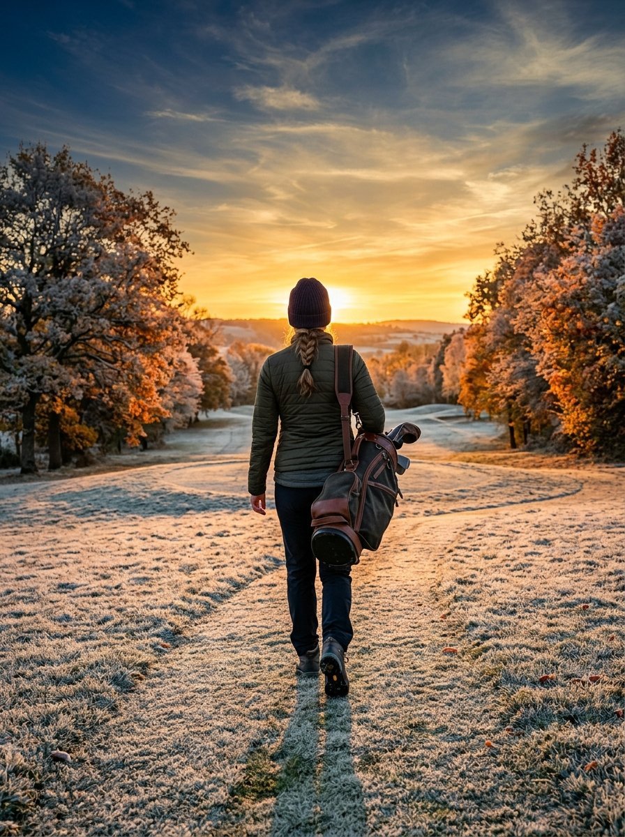 Back view of a person with a golf bag walking down a path covered in frost during a sunrise between autumn trees.