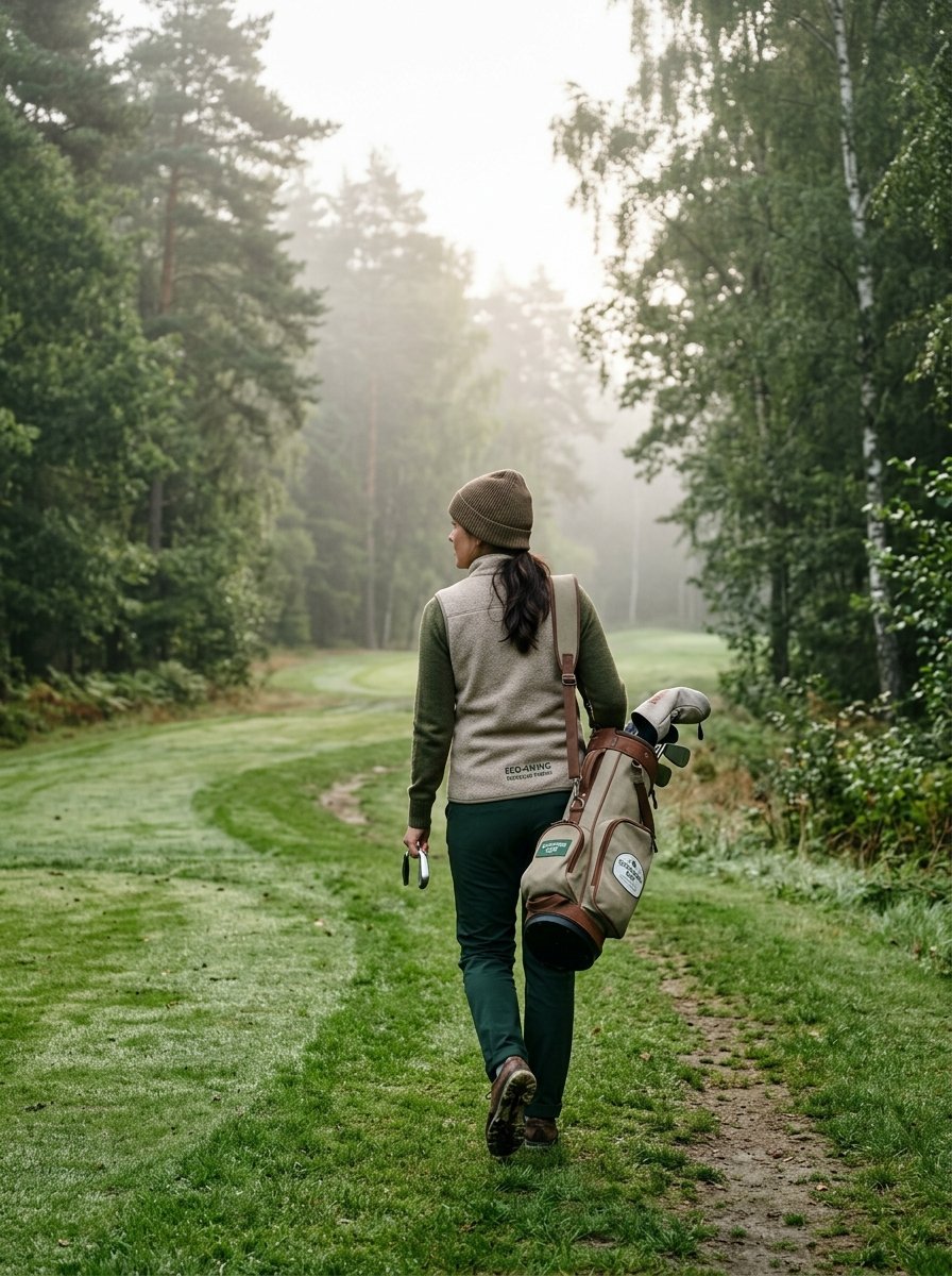 A female golfer walks along a grassy path surrounded by tall trees in a morning mist.