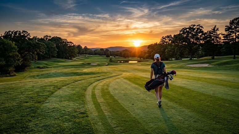 A woman carrying a golf bag walks across a lush green field toward a bright setting sun.