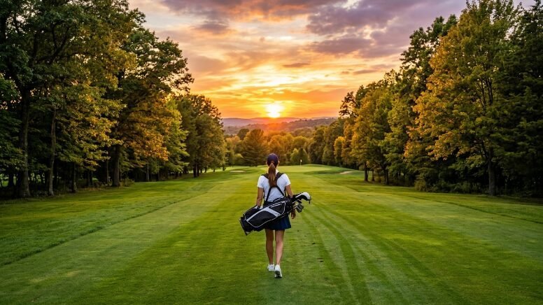 A female golfer carrying clubs walks along a green fairway towards a vibrant sunset framed by trees.