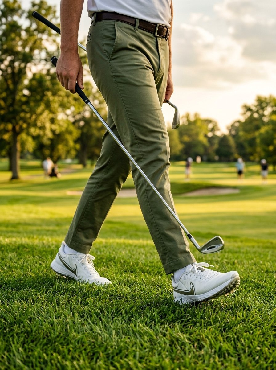 Close up of a golfer walking on a green course holding a club while wearing olive chinos and white athletic shoes.