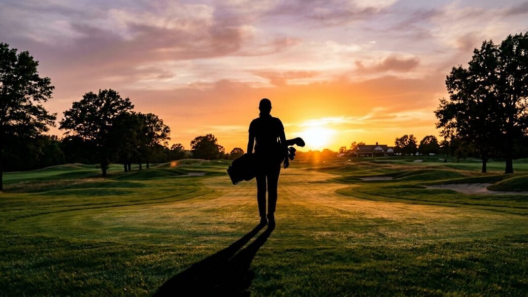 A dark figure of a person carrying a golf bag walking away across a grassy course during a golden hour sunset.