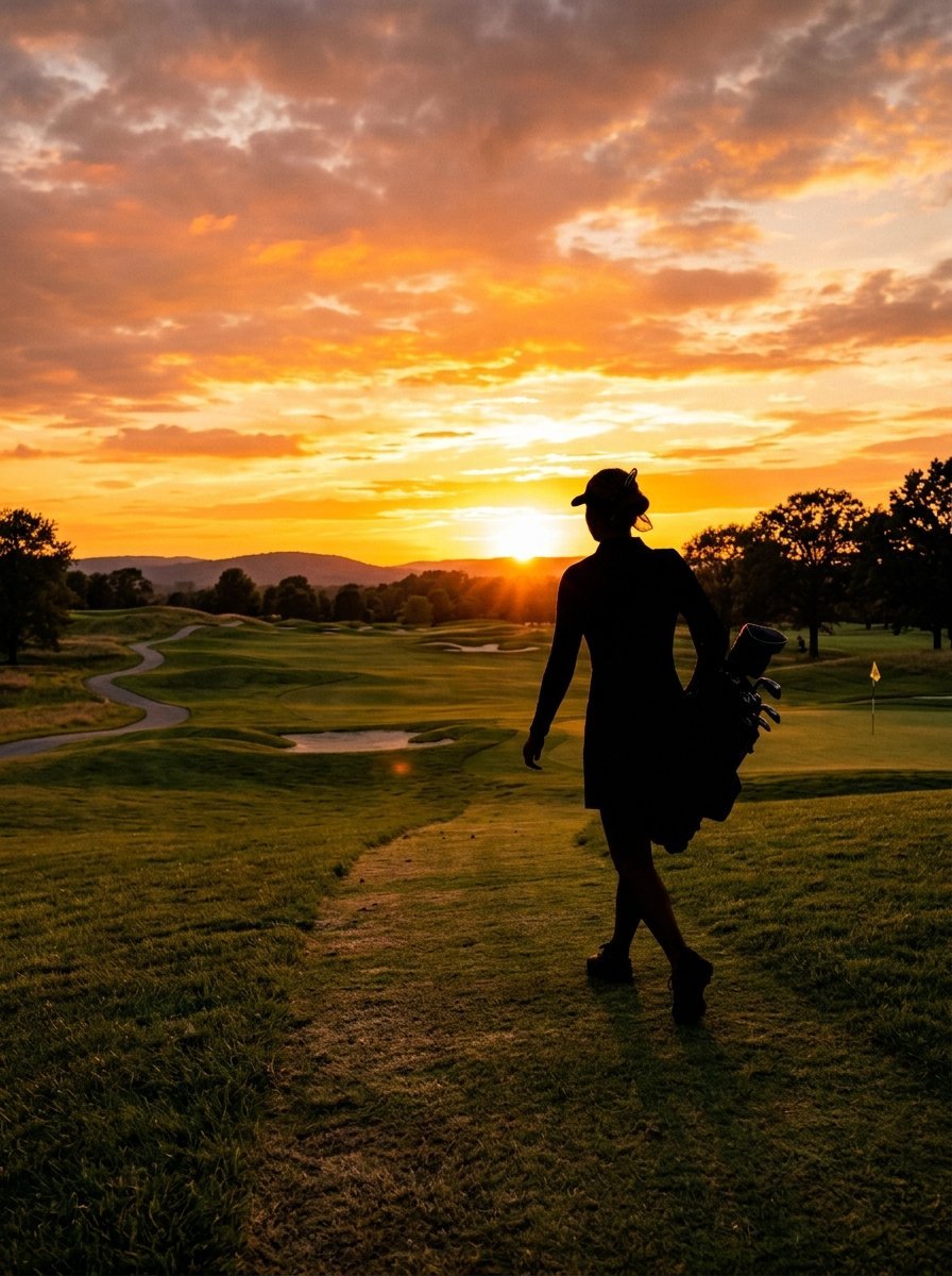 A golfer in silhouette walks down a green fairway toward a bright orange sunset over distant hills.