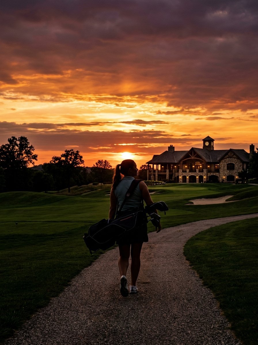 Back view of a woman carrying a golf bag down a stone path at sunset with a clubhouse in the distance.