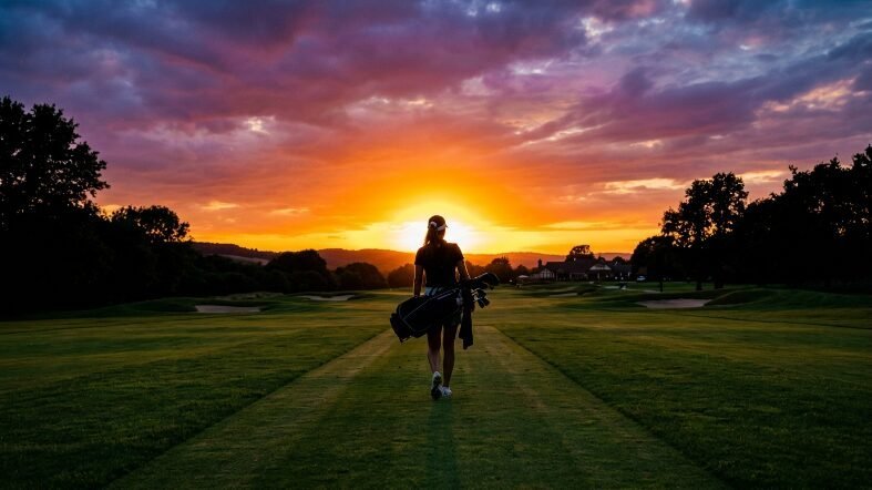 Silhouette of a woman carrying a golf bag while walking across a green field under a vibrant orange and purple sky.