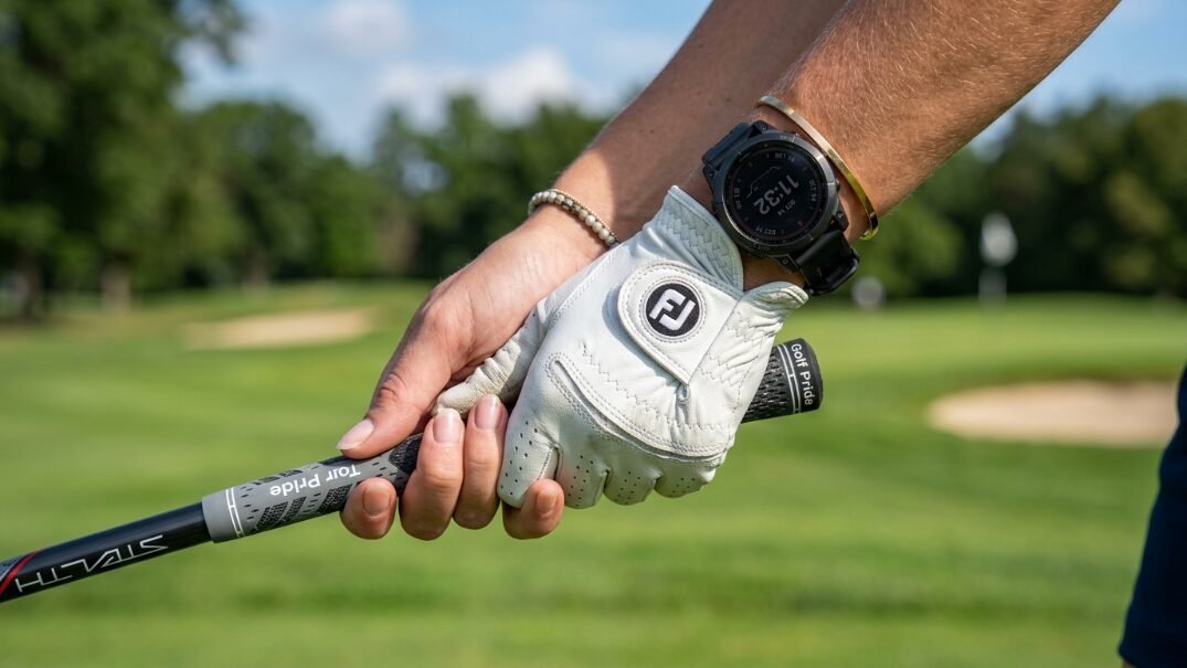 Golfer hand wearing a white FootJoy glove and black smartwatch holding a club with a Golf Pride grip.