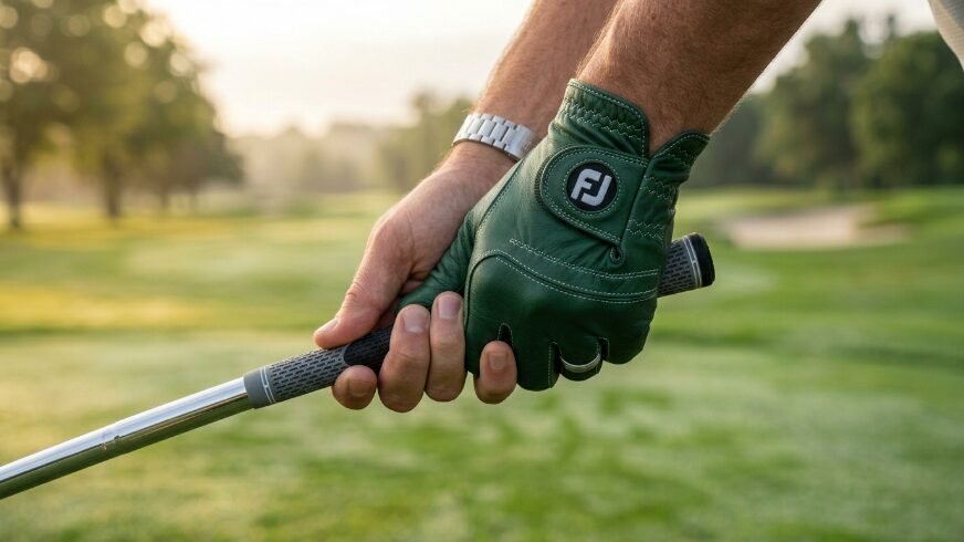 Close up of hands wearing a green FootJoy golf glove while holding a textured club grip on a sunny course.