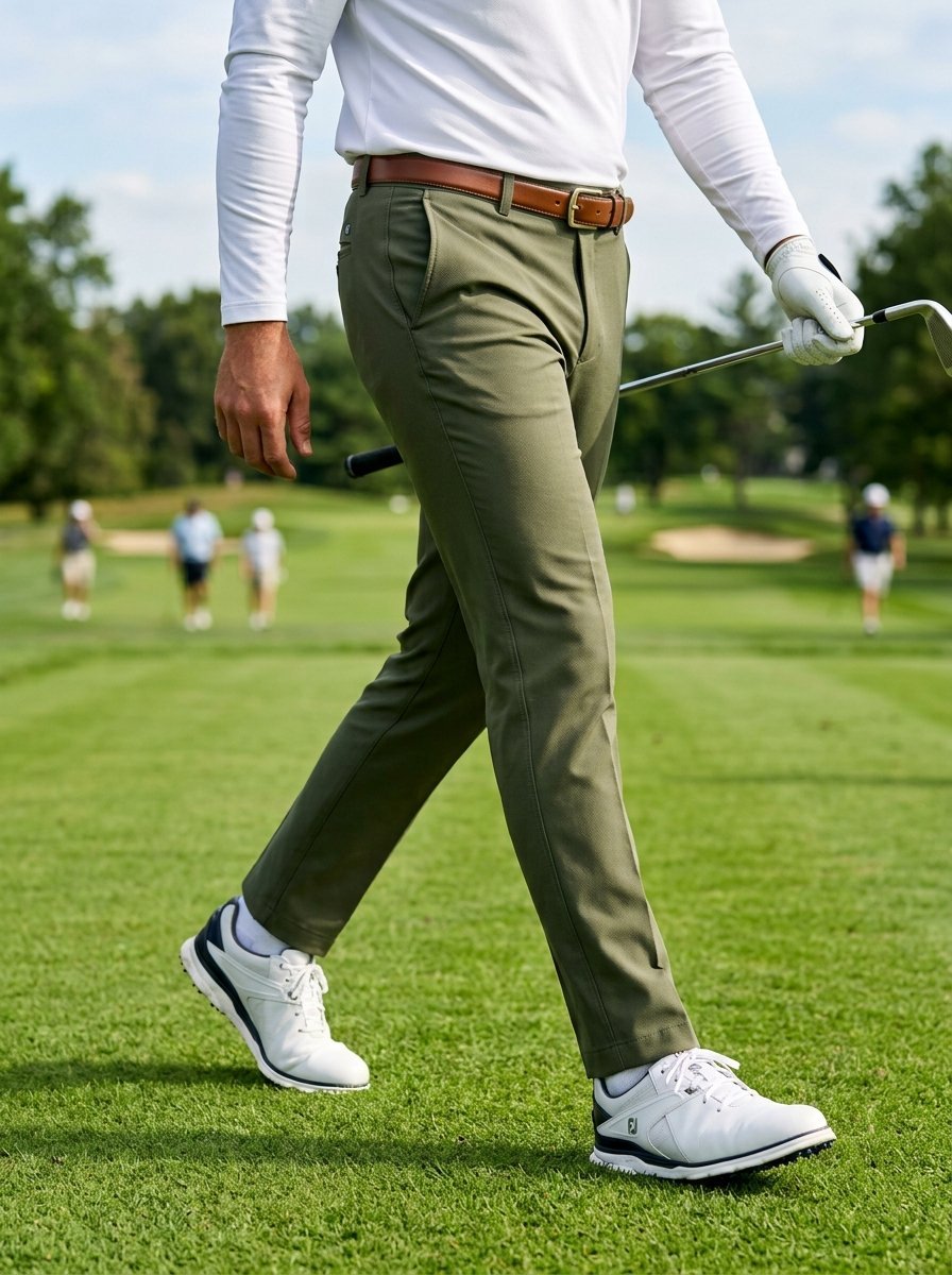 Close-up of a person in olive trousers and white golf shoes walking on a sunny course with players in the distance.