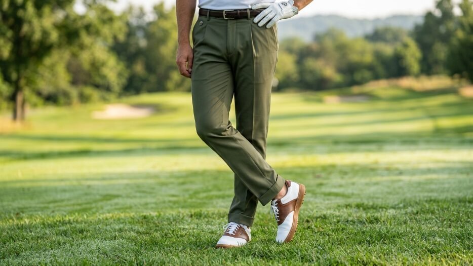 Man standing on a golf course wearing olive trousers and white and brown golf shoes.
