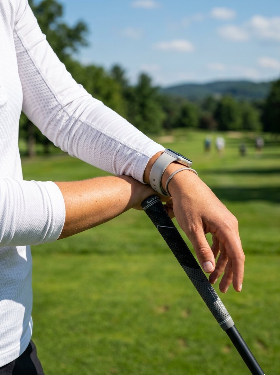 Close up of a golfer's arm resting on a golf club handle with a light grey digital sports watch on her wrist.