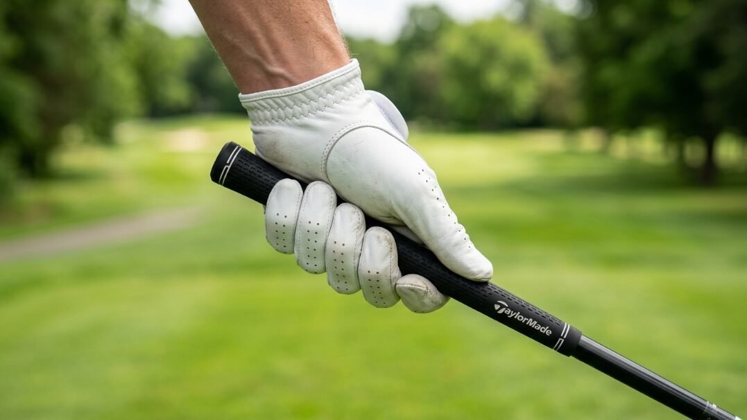Close-up of a hand wearing a white leather golf glove holding a textured black club handle on a green course.