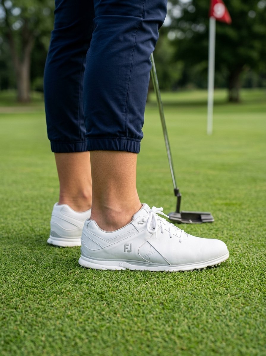 Close-up view of a person wearing white golf shoes and navy pants while standing on a grassy course near a putter.