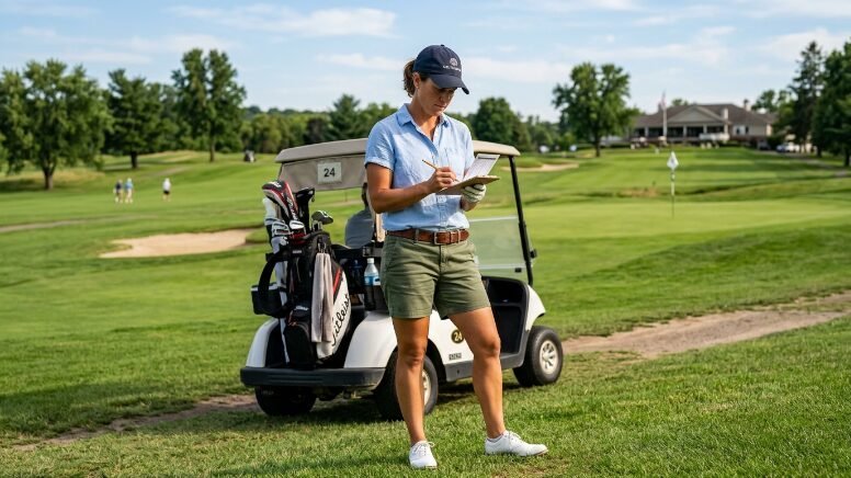 Woman in a golf cap and blue shirt marks her score standing near a white golf cart on a green fairway.