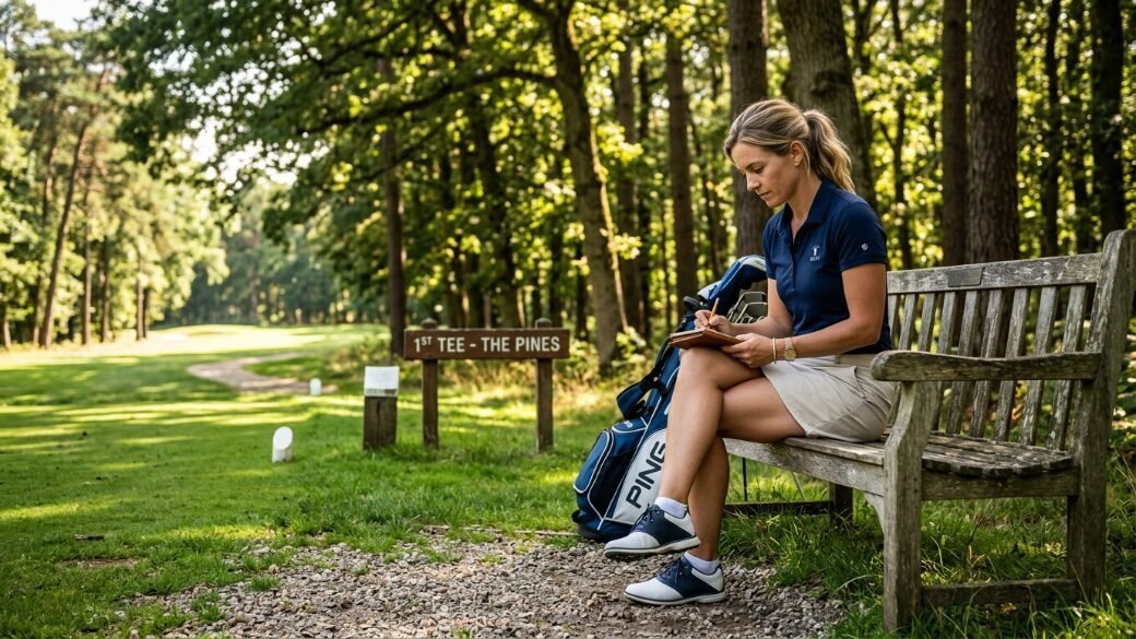 A woman in golf attire sitting on a wooden bench taking notes beside a Ping golf bag at a course.