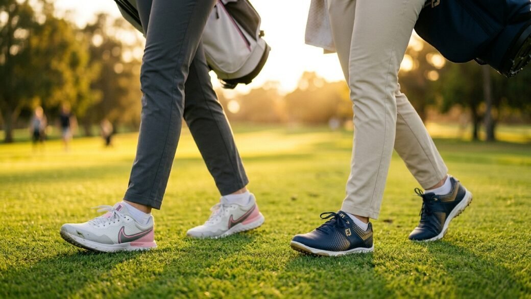 Close up on the legs and feet of two golfers strolling across a green course during golden hour.