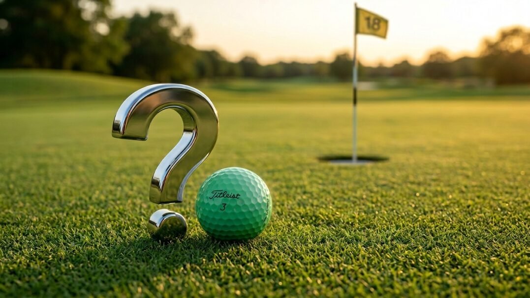 A Titleist golf ball next to a silver question mark on a golf course putting green near the eighteenth hole.
