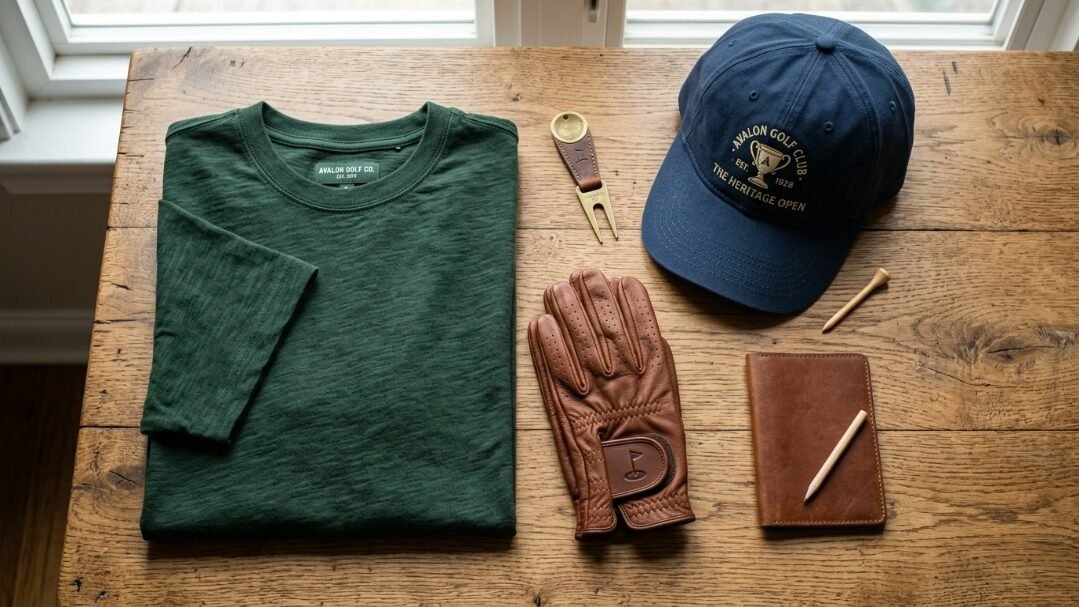 Flat lay of a green t-shirt, navy baseball cap, leather golf glove, wooden tee, and small notebook on a wooden table.