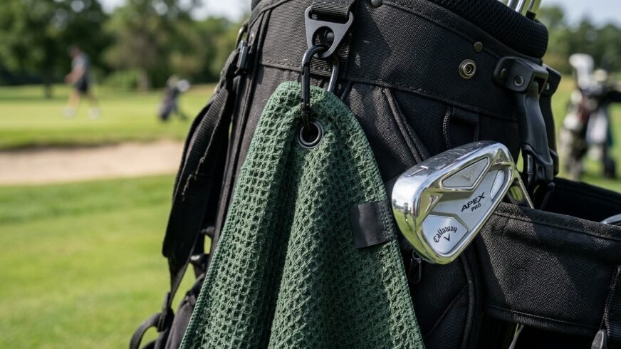 Close-up of a green textured golf towel clipped to a black golf bag with an Apex Pro club visible.