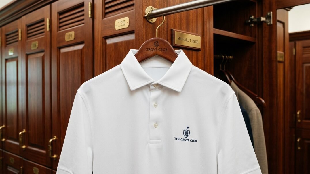 A crisp white golf shirt with a small club crest hanging inside a private wooden locker with nameplate.