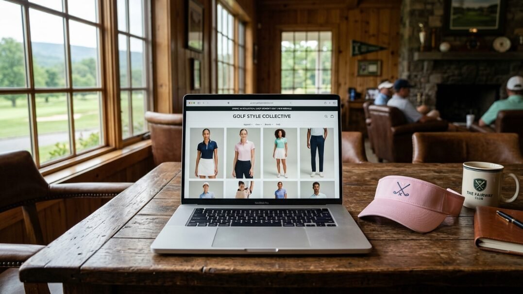 MacBook displaying an online apparel store on a rustic wooden table next to a pink visor and a branded mug.