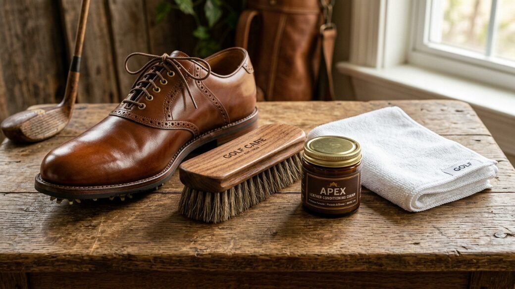 Tan leather golf shoe, wooden cleaning brush, and jar of conditioning cream on a rustic wooden table.