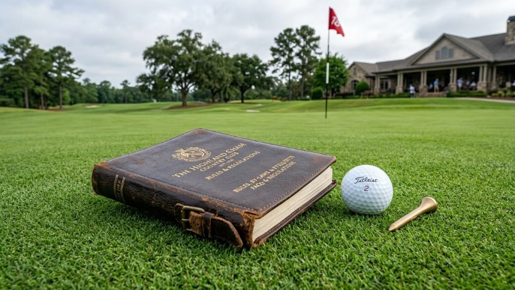 A rustic leather-bound rule book, Titleist golf ball, and tee sit on a putting green near a flagstick and clubhouse.