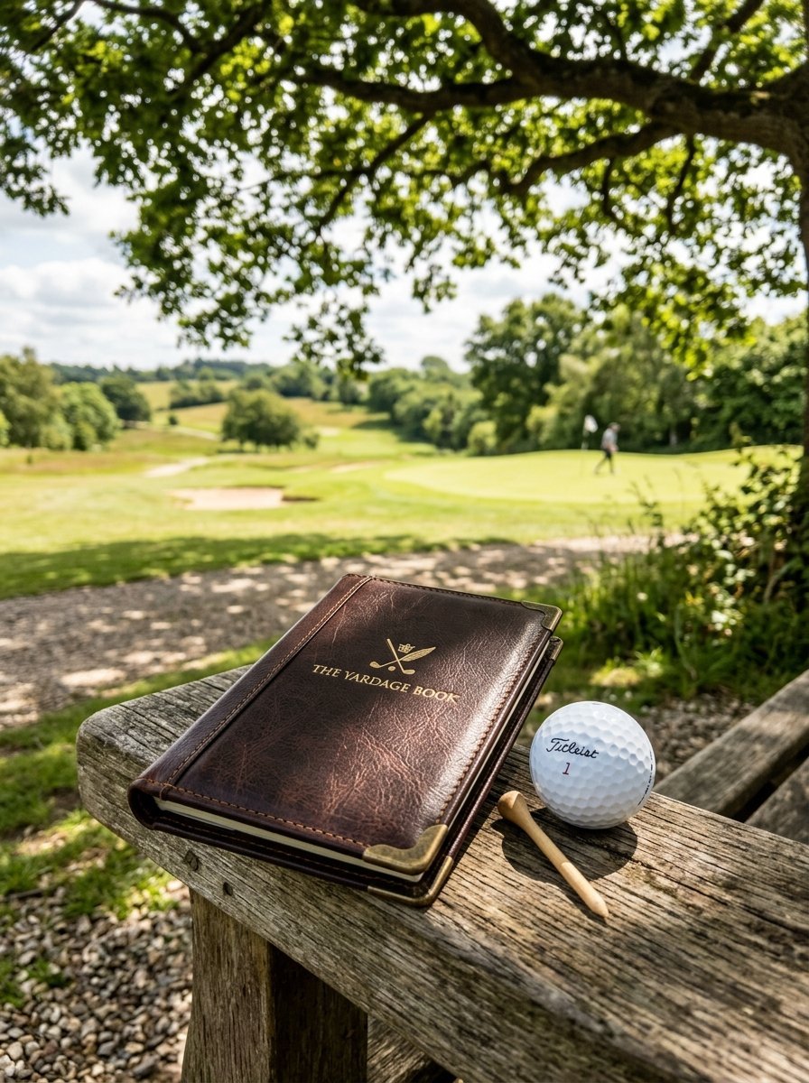 Close up of a brown leather yardage book next to a golf ball and wooden tee resting on a rustic wooden bench.