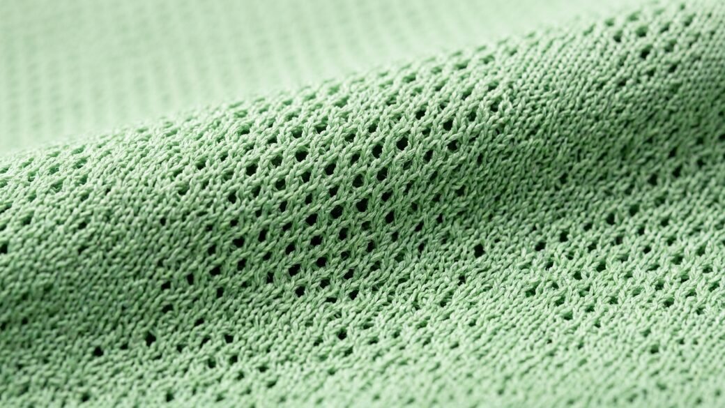 Detailed macro shot showing the pattern of a light green perforated knit fabric.