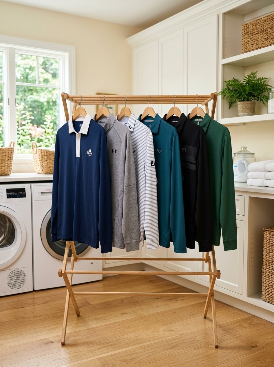 Several polo and athletic long-sleeve shirts hanging on a wooden rack inside a bright home laundry room.