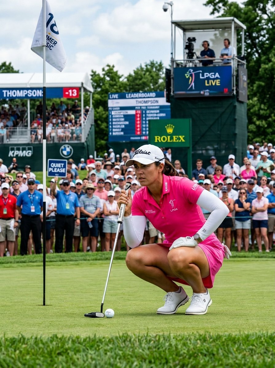Professional golfer in pink shirt crouches to analyze a line on a golf green near the 18th hole flag.
