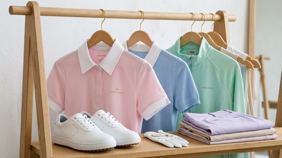 Pink and blue polo shirts and a mint green jacket hanging on a wooden rack with white golf shoes and folded trousers.