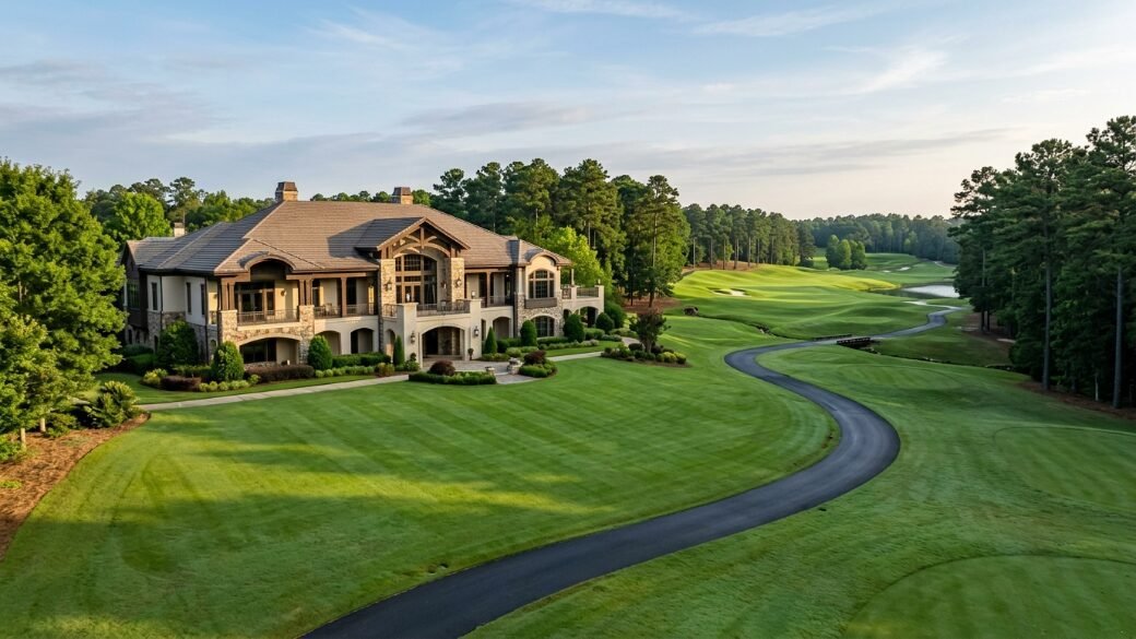 Aerial view of a large multi-story stone home situated next to a winding golf course path at sunset.