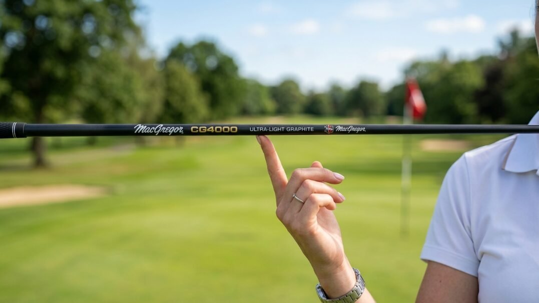Close-up of a person balancing a black MacGregor graphite golf shaft on their index finger on a golf course.