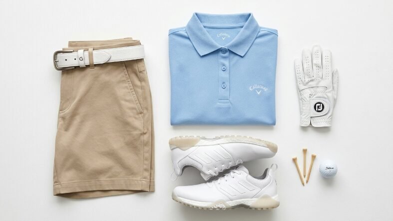 A set of golf clothing featuring a blue polo, khaki shorts, white sneakers, a glove, and golf tees on white.