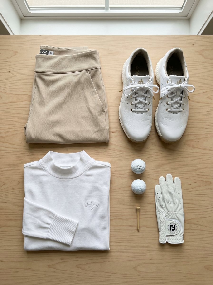 Tan trousers, white golf sweater, shoes, two balls, a tee, and a glove laid out on a light wood surface.