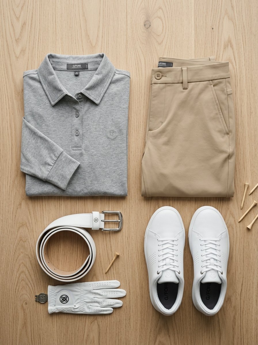 Flat lay of a grey polo shirt, tan golf pants, white leather sneakers, belt, glove, and wooden golf tees.