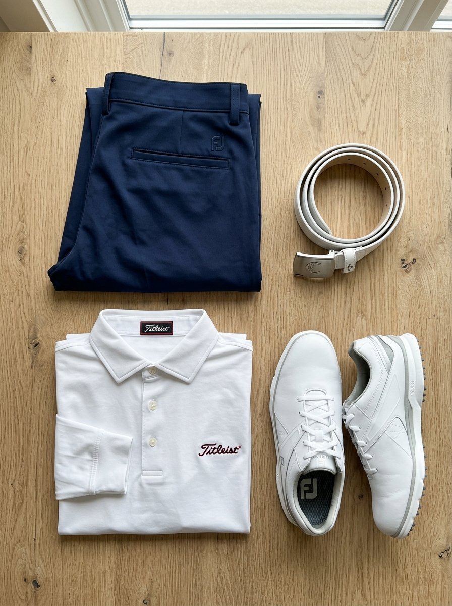Folded navy golf pants, white polo shirt, white belt, and white FootJoy golf shoes on wood floor.